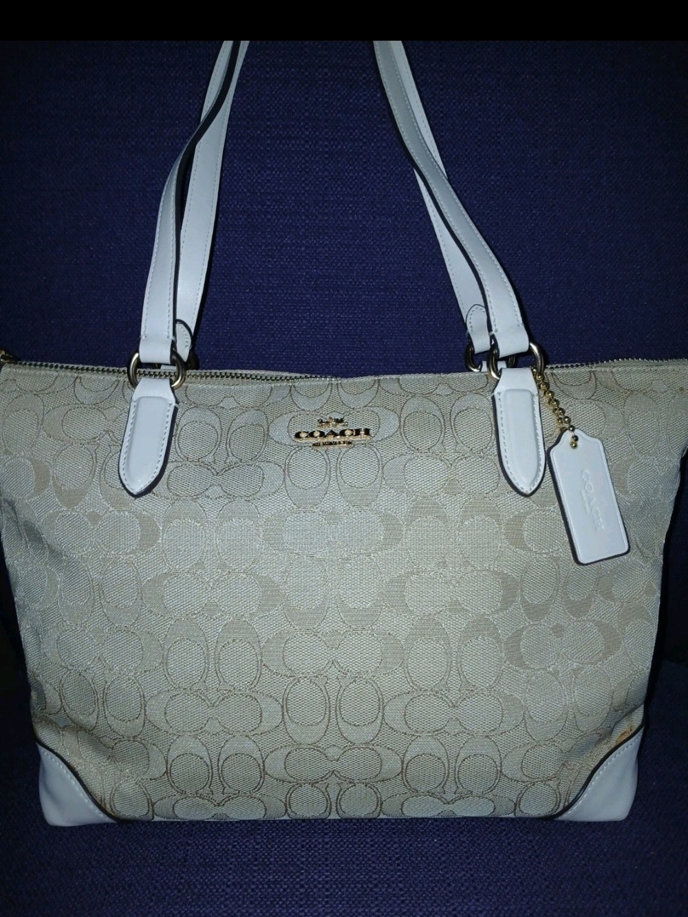 COACH Beige Signature Canvas Tote with White Trim Versatile Classy Or Casual Lux